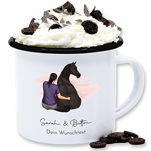 Emaille Tasse Blechtasse - Pferde - Frau mit Pferd - Wunschtext Wunschname Text - 300 ml - Weiß Schwarz - pferdetassen pferden frauen tassen pferdemotiv kaffeetasse pferdeliebhaber pferdefan von Geschenk mit Namen personalisiert by Shirtracer