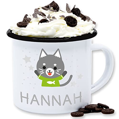 Emaille Tasse Blechtasse - Katzen - Bild Comic Katze lustig und Dein Name - 300 ml - Weiß Schwarz - cat junge katzenmotiv der kinder cats kindergarten katzenmotiven mädchen süße personalisierte von Geschenk mit Namen personalisiert by Shirtracer