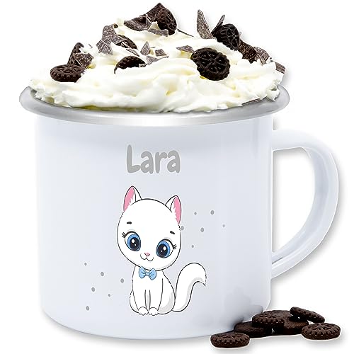 Emaille Tasse Blechtasse - Süße Katze Katzen Katzenmotiv Cat Cats - 300 ml - Weiß Silber - katzenmotiven katzenliebhaber personalisierte namens druck und name von Geschenk mit Namen personalisiert by Shirtracer