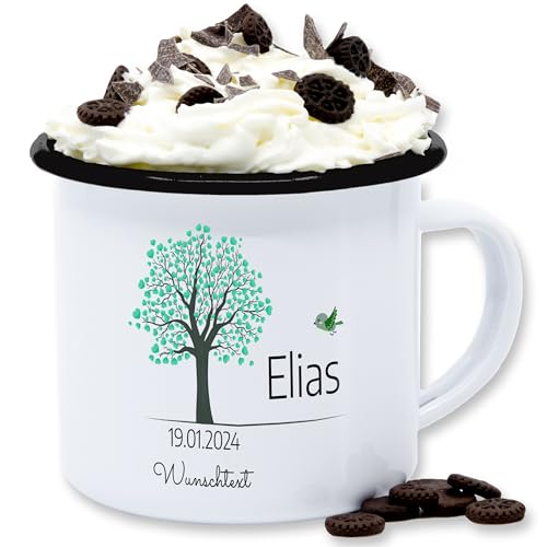 Emaille Tasse Blechtasse - Lebensbaum Geburt Taufe Kommunion Datum Geschenk - 300 ml - Weiß Schwarz - personalisierte zur konfirmation konfirmations taufgeschenke baum taufgeschenk junge name von Geschenk mit Namen personalisiert by Shirtracer