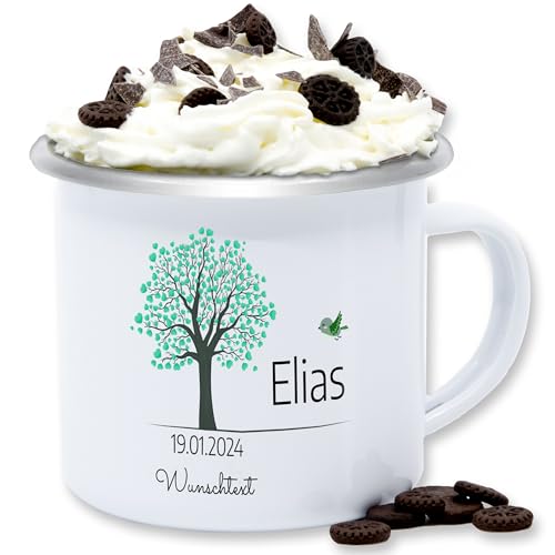 Emaille Tasse Blechtasse - Lebensbaum Geburt I Taufe Geschenk Kommunion I Datum - 300 ml - Weiß Silber - personalisierte zur konfirmation konfirmations taufgeschenke baum taufgeschenk junge firmung von Geschenk mit Namen personalisiert by Shirtracer
