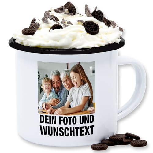 Emaille Tasse Blechtasse - Mit Foto eigenem Bild Text Name Wunschtext - 300 ml - Weiß Schwarz - bilder selbst drucken eigenen selber gestalten oder personalisiertes und personalisierte beschriften von Geschenk mit Namen personalisiert by Shirtracer