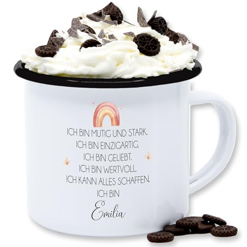 Emaille Tasse Blechtasse - Motivation - Ich bin mutig und stark | Taufe Geschenk Einschulung | Schulanfang Personalisiert mit Namen - 300 ml - Weiß Schwarz - blech von Geschenk mit Namen personalisiert by Shirtracer