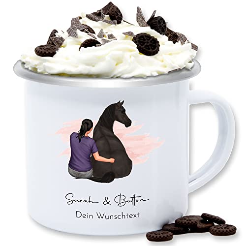 Emaille Tasse Blechtasse - Pferde - Frau mit Pferd - Wunschtext Wunschname Text - 300 ml - Weiß Silber - geschenke für reiterinnen reit sachen weihnachtsgeschenke pferdesport pferdefans reiten von Geschenk mit Namen personalisiert by Shirtracer