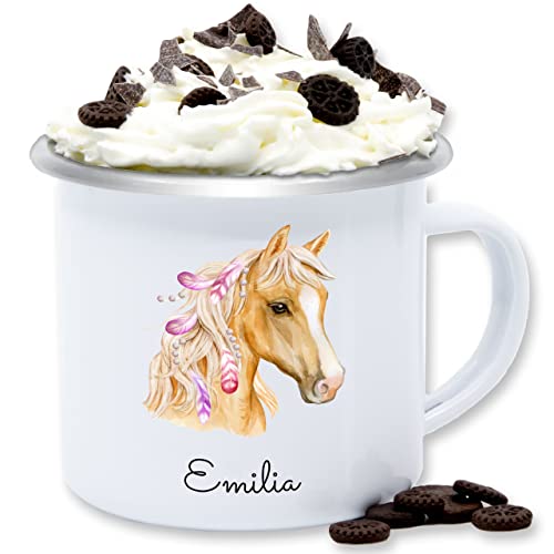 Emaille Tasse Blechtasse - Pferd Pferde - Pferdekopf - 300 ml - Weiß Silber - tassen pferdetassen pferden pferdemotiven henkeltasse pferdemotiv blech pferdeliebhaber mädchen reiten kaffeepott von Geschenk mit Namen personalisiert by Shirtracer