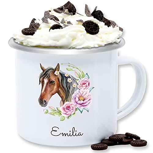 Emaille Tasse Blechtasse - Pferd Pferde - Wunschname Pferdekopf Name - 300 ml - Weiß Silber - weihnachtsgeschenke pferdesport geschenke für pferdefans reit sachen reiten reiterin reiter von Geschenk mit Namen personalisiert by Shirtracer