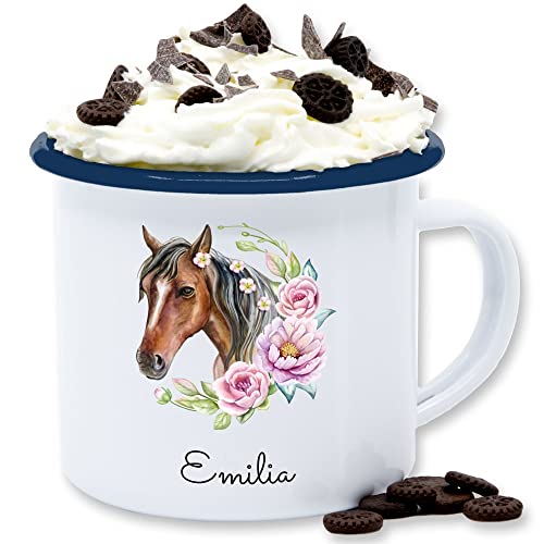 Emaille Tasse Blechtasse - Pferd Pferde - Wunschname Pferdekopf Name I Pferdemotiv I Geschenk Pferdemädchen - 300 ml - Weiß Blau - pferdetassen pferden horse tassen blech pferdeliebhaber reiten von Geschenk mit Namen personalisiert by Shirtracer