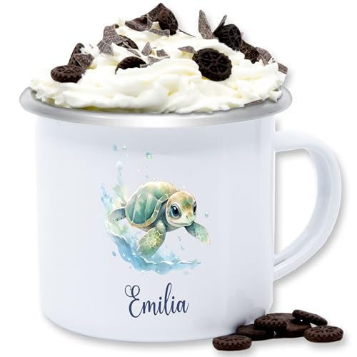 Emaille Tasse Blechtasse - Zootiere - Schildkröte Panzertier - 300 ml - Weiß Silber - schildkrötenmotiv schildkröten tassen turtle und name geschenke thema personalisierte von Geschenk mit Namen personalisiert by Shirtracer