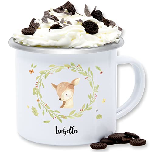 Emaille Tasse Blechtasse - Süßes Reh Name Geschenk Geschenkidee - 300 ml - Weiß Silber - rehkitz mädchen waldtiere rehe tiere personalisierte kinder geschenke tieren tier von Geschenk mit Namen personalisiert by Shirtracer