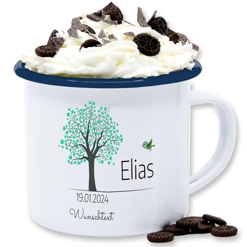 Emaille Tasse Blechtasse - Lebensbaum Geburt Taufe Kommunion Datum Geschenk - 300 ml - Weiß Blau - personalisierte zur taufgeschenk konfirmations taufgeschenke baum konfirmation junge name von Geschenk mit Namen personalisiert by Shirtracer