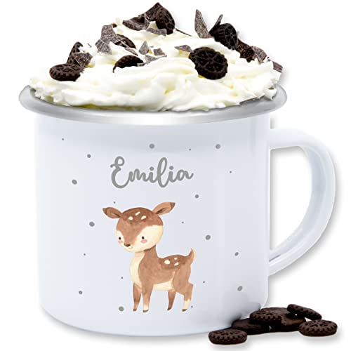 Emaille Tasse Blechtasse - Süßes Reh - 300 ml - Weiß Silber - tiere rehkitz tier becher tieren waldtiere rehe name personalisierte kinder geschenke und baby von Geschenk mit Namen personalisiert by Shirtracer