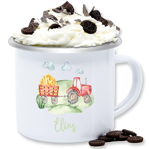 Emaille Tasse Blechtasse - Traktor Trecker Bauer Schlepper Landwirtschaft Bulldog - 300 ml - Weiß Silber - für traktorfahrer traktormotiv und name eigenen geschenke fans eigenem bauern motiv von Geschenk mit Namen personalisiert by Shirtracer