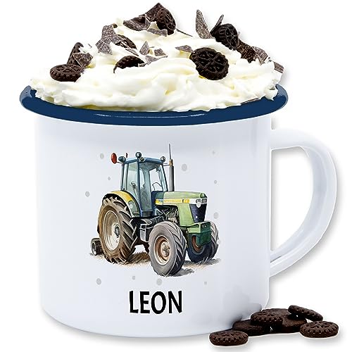 Emaille Tasse Blechtasse - Traktor - Trecker Name - 300 ml - Weiß Blau - und fans bauern bulldog motiv schlepper traktormotiv personalisiertes für traktorfahrer gruen traktoren träcker landwirt von Geschenk mit Namen personalisiert by Shirtracer