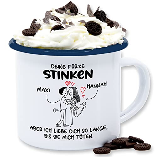 Emaille Tasse Blechtasse - Valentinstag Partner Freund & Freundin - Deine Fürze Stinken - 300 ml - Weiß Blau - paar liebe furzen becher für valentins tag stinker blech dein pups von Geschenk mit Namen personalisiert by Shirtracer