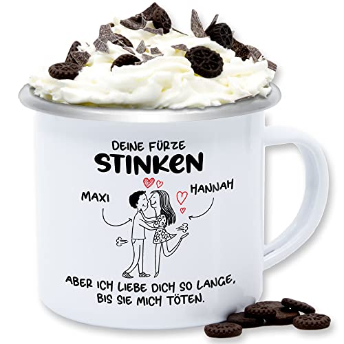 Emaille Tasse Blechtasse - Valentinstag Partner Freund & Freundin - Deine Fürze Stinken - 300 ml - Weiß Silber - tassen paar furz kaffeetasse für paare liebe pupsen blechtassen witzige von Geschenk mit Namen personalisiert by Shirtracer