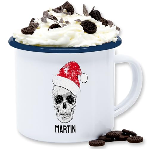 Emaille Tasse Blechtasse - Weihnachten Weihnachtstasse - Vintage Totenkopf mit Weihnachtsmütze - 300 ml - Weiß Blau - name weihnachtsmotiv totenköpfe weihnachtszeit weihnachts weihnachtliches von Geschenk mit Namen personalisiert by Shirtracer