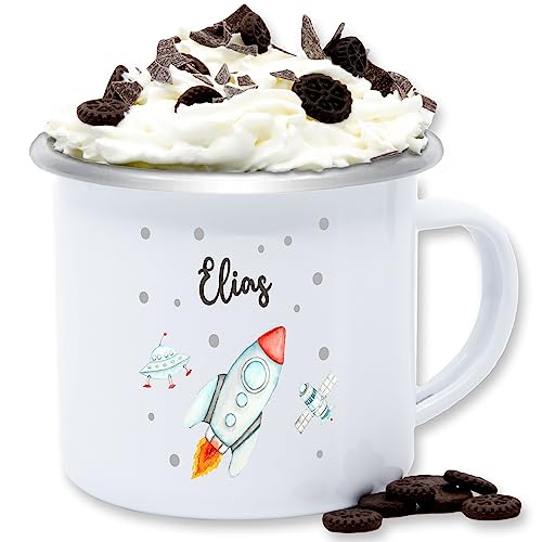 Emaille Tasse Blechtasse - Weltall - Rakete Flugrakete Raumfahrt Weltraum Astronaut Geschenk - 300 ml - Weiß Silber - astronauten nasa raketen becher planeten tassen mugs mug von Geschenk mit Namen personalisiert by Shirtracer