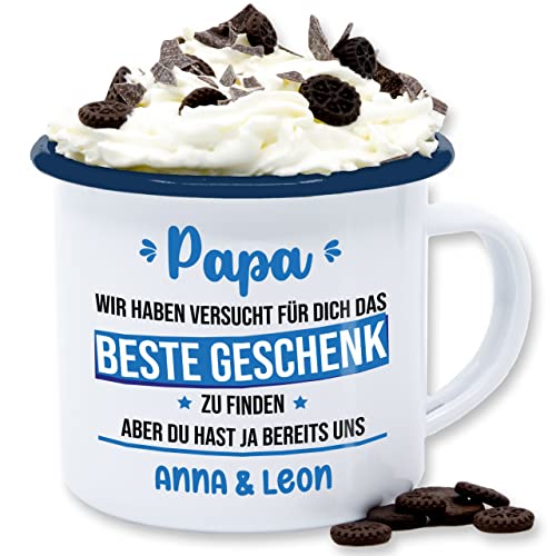 Emaille Tasse Blechtasse - zum Vatertag - Papa wir haben versucht das Beste Geschenk zu finden aber du hast ja bereits uns - 300 ml - Weiß Blau - geschenke vater personalisierte vatertagsgeschenke von Geschenk mit Namen personalisiert by Shirtracer