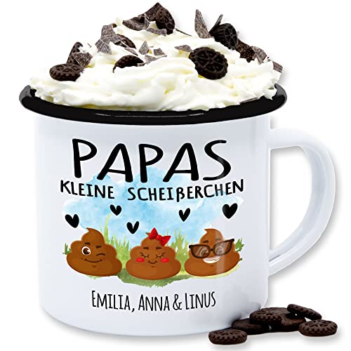 Emaille Tasse Blechtasse - zum Vatertag - Papas kleine Scheißerchen I Papas Stinker 3 Kinder Kackhaufen - 300 ml - Weiß Schwarz - personalisierte vatertagsgeschenk papa vater vatertagsgeschenke von Geschenk mit Namen personalisiert by Shirtracer