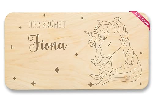 Frühstücksbrettchen Holz - Hier krümelt Name - Einhornkopf Einhorn Mädchen Geschenke Kinder - 22x12 - Holz - kinderbrettchen personalisierte frühstücksbrett schneidebrett für kind brotbretter von Geschenk mit Namen personalisiert by Shirtracer