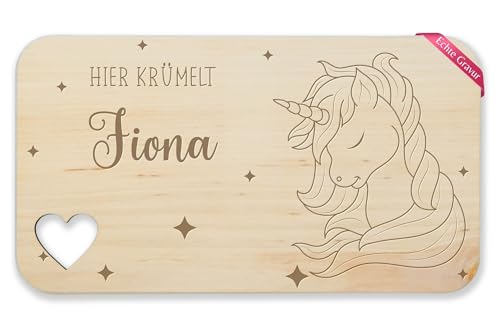 Frühstücksbrettchen Holz Herz - Einhörner - Hier krümelt Name | Einhornkopf Einhorn Mädchen Geschenke Kinder - 22,5x12,5 - Holz - brettchen personalisiertes holzbrett unicorn krümelt￼ von Geschenk mit Namen personalisiert by Shirtracer