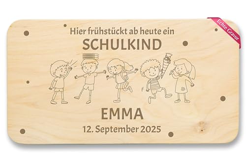 Frühstücksbrettchen Holz Natur - Hier frühstückt ab heute ein Schulkind 2025 | Schulanfang Geschenk für Junge und Mädchen | Frühstücksbrett Einschulung | Geschenke für Schulkinder Schulstart von Geschenk mit Namen personalisiert by Shirtracer