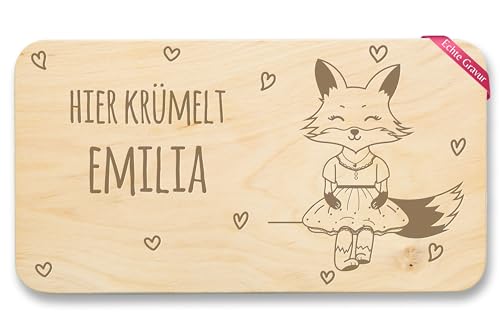 Frühstücksbrettchen Holz Natur - Hier krümelt Name Fuchs Fox Geschenk - 22x12 - Holz - geschenke brett brettchen von Geschenk mit Namen personalisiert by Shirtracer