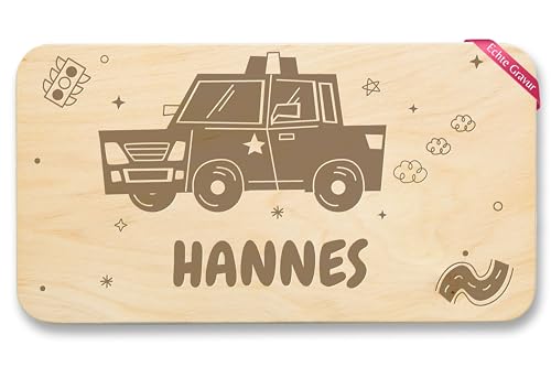 Frühstücksbrettchen Holz - Polizeiwagen mit Name - Police Polizei Geschenk - 22x12 - Holz - personalisierte von Geschenk mit Namen personalisiert by Shirtracer