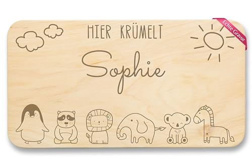 Frühstücksbrettchen Holz - Tiere - Hier krümelt Name - Pinguin Pandabär Löwe Elefant Tiger Zebra - 22x12 - Holz - brettchen personalisierte geschenke kinder tier zoo frühstücksbrett von Geschenk mit Namen personalisiert by Shirtracer