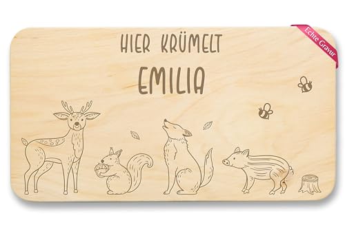 Frühstücksbrettchen Holz - Tiere - Hier krümelt Reh Eichhörnchen Wolf Wildschwein Biene Waldtiere Motive Kinder mit Name - 22x12 - Holz - kinderbrettchen tier frühstücksbrett von Geschenk mit Namen personalisiert by Shirtracer