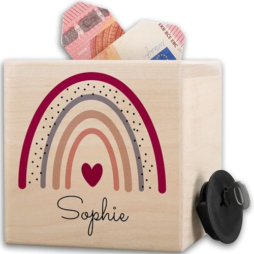 Holz - Holzspardose Regenbogen mit Name I Taschengeld Spardose mit Name I Geschenk Mädchen personalisiert I Mädchen Geldgeschenk - 10x10cm - Holz - personalisierte sparbüchse spardosen von Geschenk mit Namen personalisiert by Shirtracer
