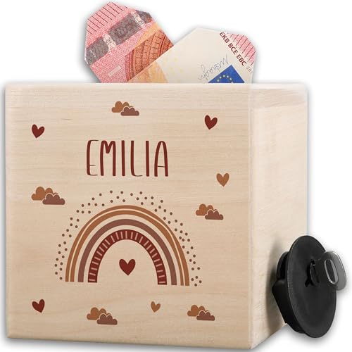 Holz Spardose Boho Regenbogen personalisiert I Sparbüchse Kinder Regen Bogen I Sparbüchse mit Namen Kinder I Geburtstag Geldgeschenk Kind Taschengeld - 10x10cm - Holz - mädchen kinderspardose von Geschenk mit Namen personalisiert by Shirtracer