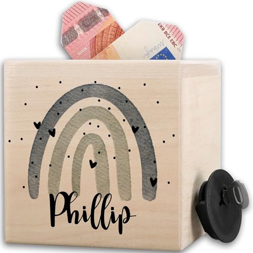 Holz - Spardose Kinder | Regenbogen Sparbüchse | Personalisierte Spardose Junge mit Namen - 10x10cm - Holz - mädchen kinderspardose Name spardosen für kinderspardosen sparbox geldgeschenk Kind von Geschenk mit Namen personalisiert by Shirtracer