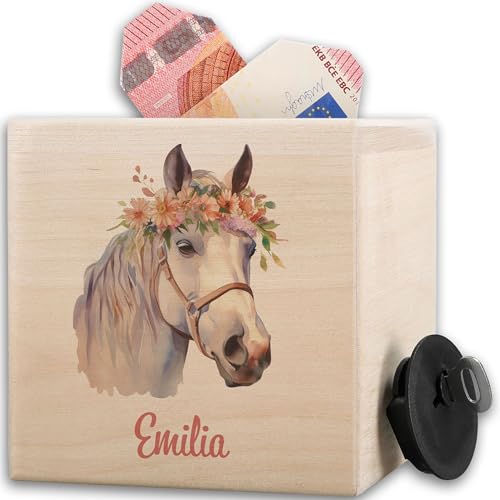 Holz - Spardose Pferd I Geschenkidee Für Pferde Mädchen I Pferde Holzspardose personalisiert I Spardose Pferd mit Namen I Pferdeliebhaber Geschenk Reiter - 10x10cm - Holz - geldbox pferden von Geschenk mit Namen personalisiert by Shirtracer