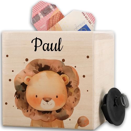 Spardose - Holzspardose süßer Löwe mit Name I Geldgeschenk Löwen Sparbüchse Holz Kinder Taschengeldkasse I Lion I Leo - 10x10cm - Holz - löwe. kinderspardose personalisierbar spardosen von Geschenk mit Namen personalisiert by Shirtracer