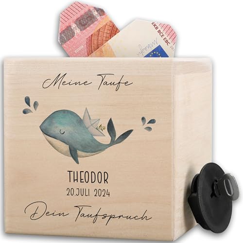 Holz Spardose zur Taufe Wal | Geldgeschenk zur Taufe | Taufgeschenke für Kinder Mädchen Jungen - 10x10cm - Holz - Jungs taufgeschenk taufen Fisch spardosen tauf taufspardose Christening von Geschenk mit Namen personalisiert by Shirtracer