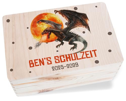 Holzkiste - Drache - Erinnerungsbox mit Drachenmotiv | Schulzeit Erinnerungen sammeln | Perfekt für Jungen | Erinnerungskiste Grundschule mit Drachen - 30 x 20 x 14 - Holz - holzbox von Geschenk mit Namen personalisiert by Shirtracer
