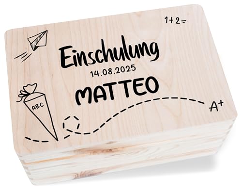 Holzkiste - Einschulung 2025 mit Name | Erinnerungsbox zum Schulanfang | Kiste mit Erinnerungen zur Einschulung - 30 x 20 x 14 - Holz - schuleinführung Box 1 schuljahr geschenkbox von Geschenk mit Namen personalisiert by Shirtracer