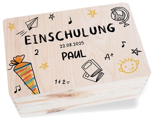 Holzkiste Erinnerungsbox - Erinnerungskiste zum Schulanfang 2025 | Jungen Einschulung 2025 mit Name | Geschenk Jungen zum Schulbeginn - 30 x 20 x 14 - Holz - box einschulung￼ kiste 1. schuljahr von Geschenk mit Namen personalisiert by Shirtracer