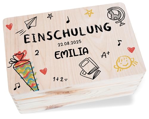 Holzkiste Erinnerungsbox - Erinnerungskiste zum Schulanfang 2025 | Mädchen Einschulung 2025 mit Name | Geschenk Mädchen zum Schulbeginn - 30 x 20 x 14 - Holz - box einschulung￼ von Geschenk mit Namen personalisiert by Shirtracer