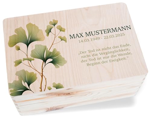 Holzkiste Erinnerungsbox - Trauerkiste Ginko Blätter Personalisiert | Kiste Trauerkarten Aufbewahren Box | Trauer Box | Trauergeschenk Beileidsgeschenk - 30 x 20 x 14 - Holz von Geschenk mit Namen personalisiert by Shirtracer