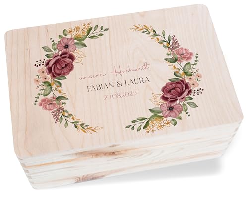 Holzkiste - Erinnerungsbox Unsere Hochzeit mit Rosen Blumenkranz Personalisiert | Hochzeitsgeschenke - 30 x 20 x 14 - Holz - Geschenke für brautpaar Box Liebe brautpaar Blumen geschenkbox Holzkiste - Erinnerungsbox Unsere Hochzeit mit Rosen Blumenkranz Personalisiert | Hochzeitsgeschenke - 30 x 20 x 14 - Holz - Geschenke für brautpaar Box Liebe brautpaar Blumen geschenkbox von Geschenk mit Namen personalisiert by Shirtracer