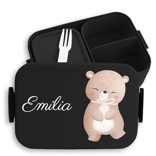 Kinder Bento Box Midi für Mepal Bentobox - Bären - Brotbox süßer Bär Lunchbox Bärenmotiv Jausenbox Bärenliebe I - 900 ml - Schwarz - individuell geschenke einschulung bear süß brotdose von Geschenk mit Namen personalisiert by Shirtracer
