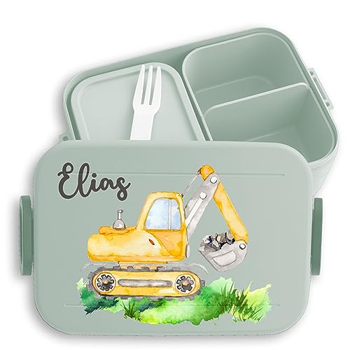 Kinder Bento Box Midi Lunchbox für Mepal Bentobox - Bagger Baggerfahrer Baggerführer Bagger-Fan Baustellenfahrzeug - 900 ml - Sage Grün - kindergarten+brotdose baustellen geschenke von Geschenk mit Namen personalisiert by Shirtracer