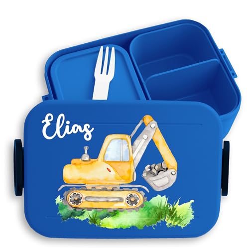 Kinder Bento Box Midi Lunchbox für Mepal Bentobox - Bagger mit Name Baustellen Fahrzeug Bagger-Fan Baufahrzeug Baumaschine - 900 ml - Blau - brotdose brotbox kindergarten junge baustelle brotdosen von Geschenk mit Namen personalisiert by Shirtracer