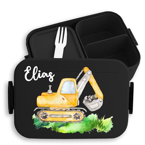 Kinder Bento Box Midi Lunchbox für Mepal Bentobox - Bagger mit Name Baustellen Fahrzeug Bagger-Fan Baufahrzeug Baumaschine - 900 ml - Schwarz - dose und personalisierte brotdosen von Geschenk mit Namen personalisiert by Shirtracer