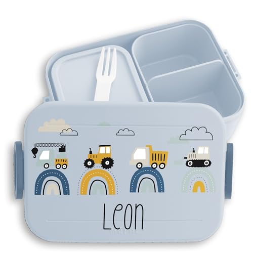 Kinder Bento Box Midi Lunchbox für Mepal Bentobox - Baustelle mit Name personalisiert Brotdose Bagger I Traktor I LKW I Kipper I Planierraupe I Kran - 900 ml - Hellblau von Geschenk mit Namen personalisiert by Shirtracer