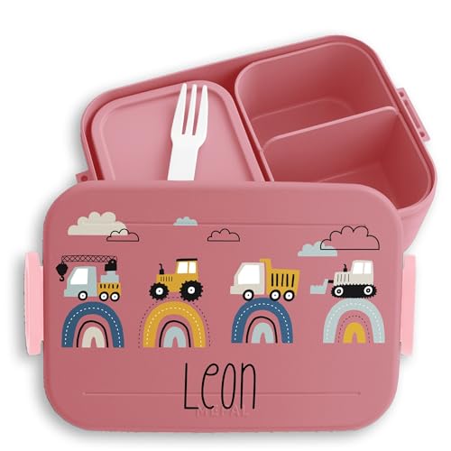 Kinder Bento Box Midi Lunchbox für Mepal Bentobox - Baustelle Bagger Traktor LKW Kipper Planierraupe Kran - 900 ml - Rosa - brotdose kindergarten personalisierte brotdosen trecker baukran brotbox von Geschenk mit Namen personalisiert by Shirtracer