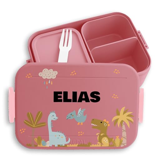 Kinder Bento Box Midi Lunchbox für Mepal Bentobox - Dino - Dinosaurier Dinos Dinomotive Dinosaurus - 900 ml - Rosa - brotdose kinderbrotdosen kindergarten t-rex snackbox dose von Geschenk mit Namen personalisiert by Shirtracer