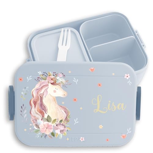 Kinder Bento Box Midi Lunchbox für Mepal Bentobox - Einhörner - Einhorn Geschenk Mädchen Schule I Kindergarten mit Name - 900 ml - Hellblau - einhorn-bento-box personalisierte brotboxen unicorn von Geschenk mit Namen personalisiert by Shirtracer